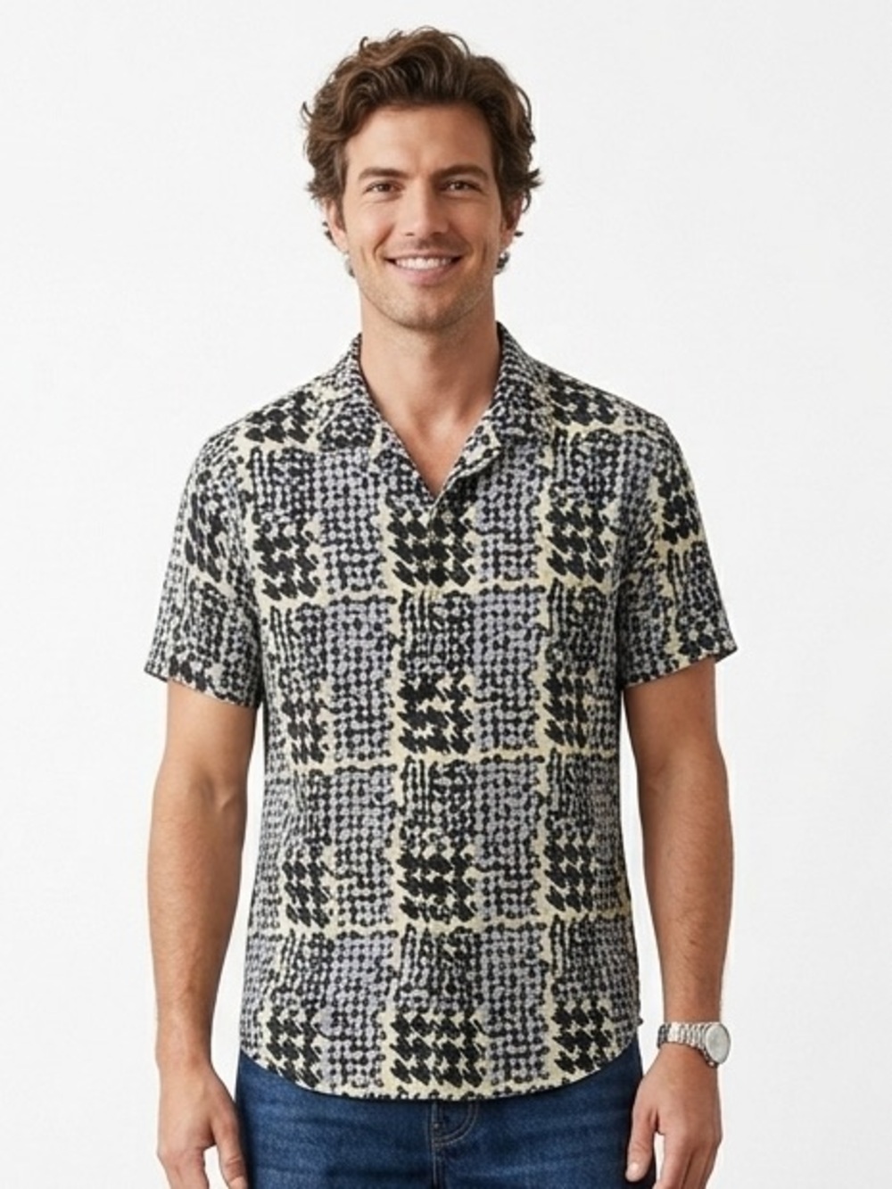 Stussy (Japan) - Hand‎ Drawn Houndstooth SS Shirt (#1110150) -  Off White, Black